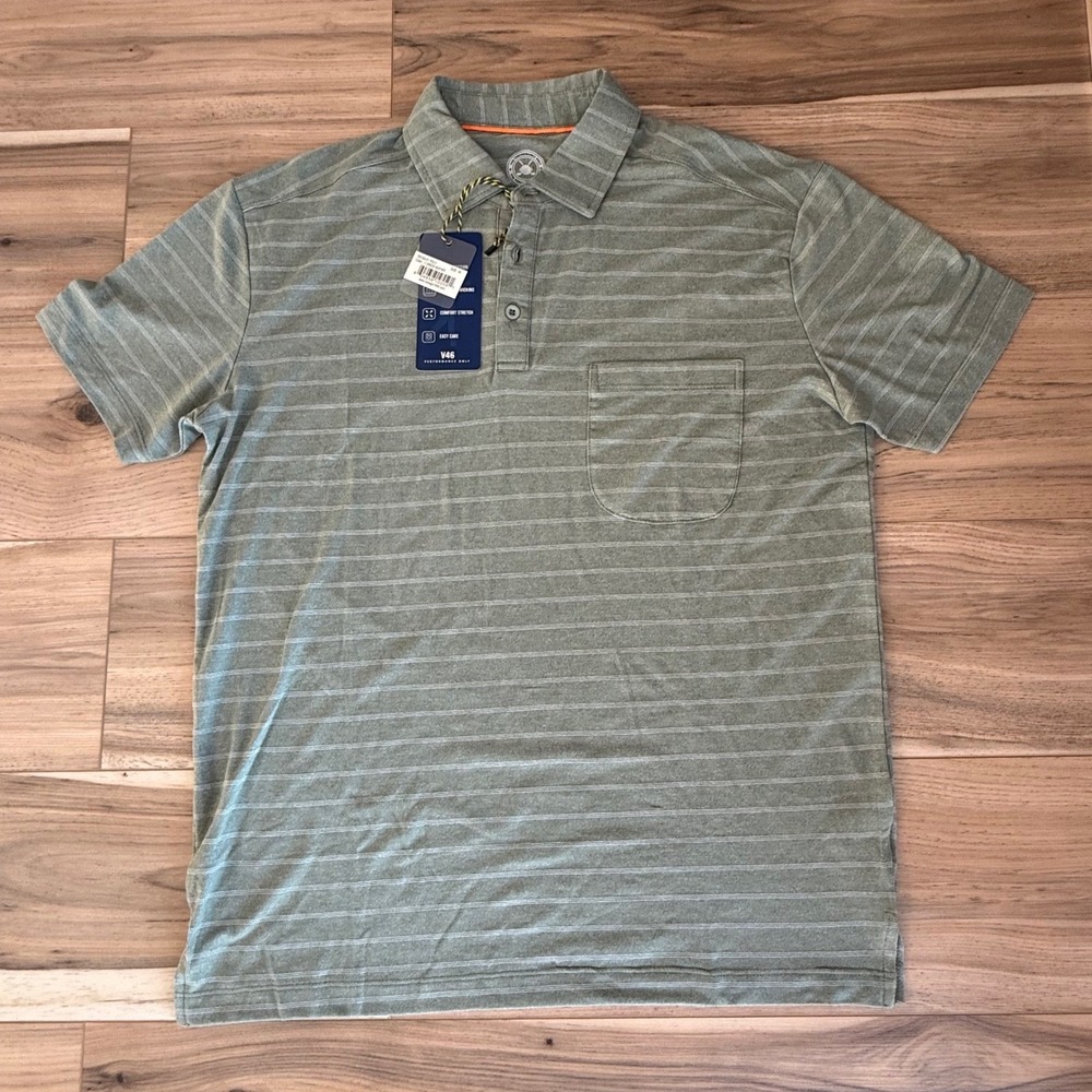Vintage 1946 Men's Polo Golf Shirt Light Green Heather Stripe Performance Medium